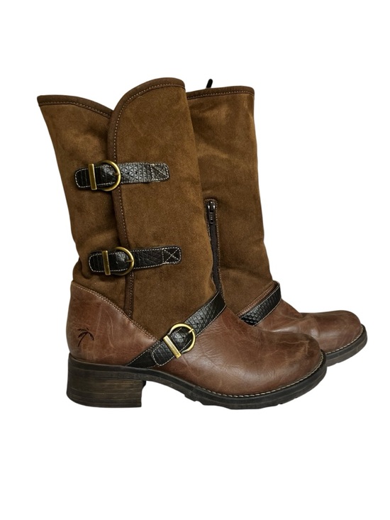 Dromedaris Shoes - Dromedaris Brown Leather & Suede Mid-Calf Boots Buckle Strap Side Zip Comfort 42